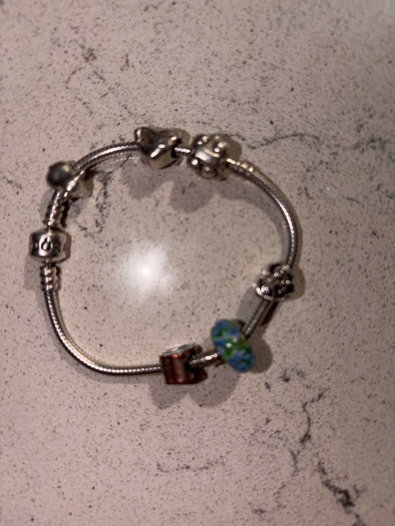 Pandora Silver Charm Bracelet With Blue And Green Floral Murano Bead